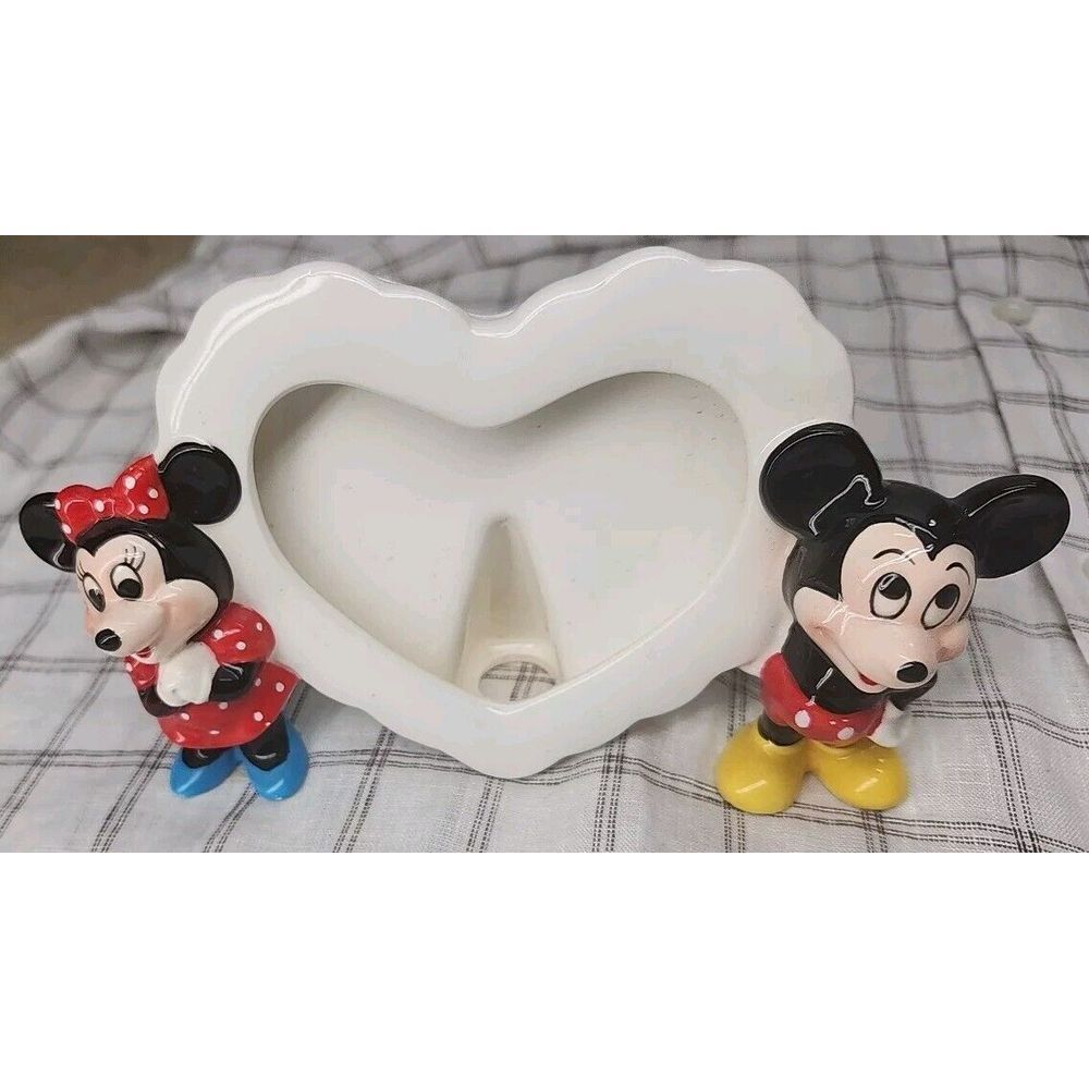 Vintage Disney Japan Ceramic Mickey Minnie Mouse Heart Shaped Photo Frame